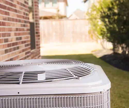 Close-up of a residential air conditioner unit outside a brick home in Plano, TX