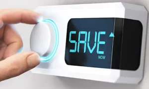 Digital thermostat highlighting energy savings for heat pump tax rebate eligibility